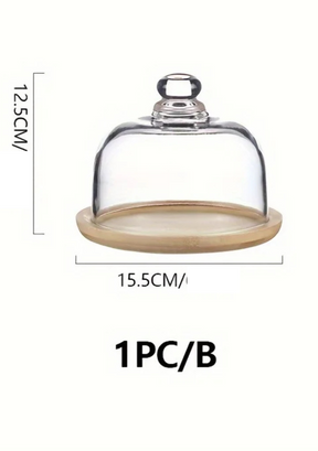 Bandeja de Bolo em Bambu com Tampa de Vidro Decorativa para Sobremesas e Frutas