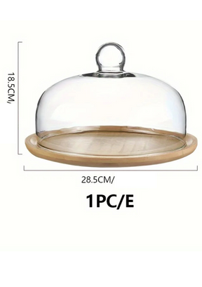 Bandeja de Bolo em Bambu com Tampa de Vidro Decorativa para Sobremesas e Frutas