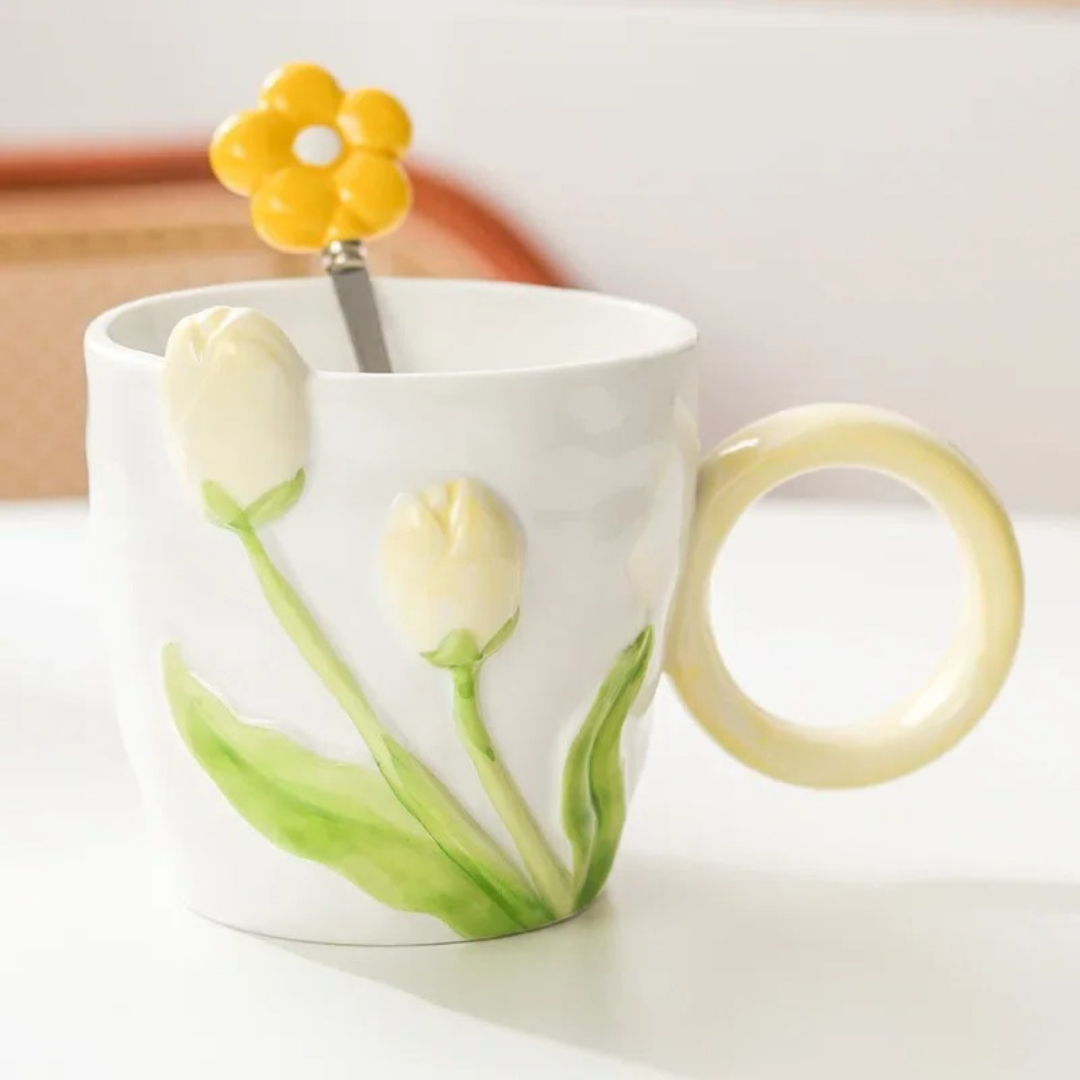 Caneca de Cerâmica Esculpida à Mão de Tulipa Com Colher