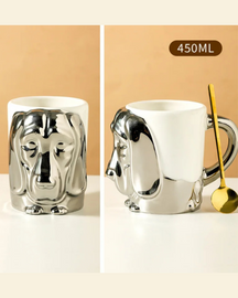 Caneca Criativa Dog 3D em Cerâmica Caneca de Café e Chá com Detalhes Dourados ou Prateados