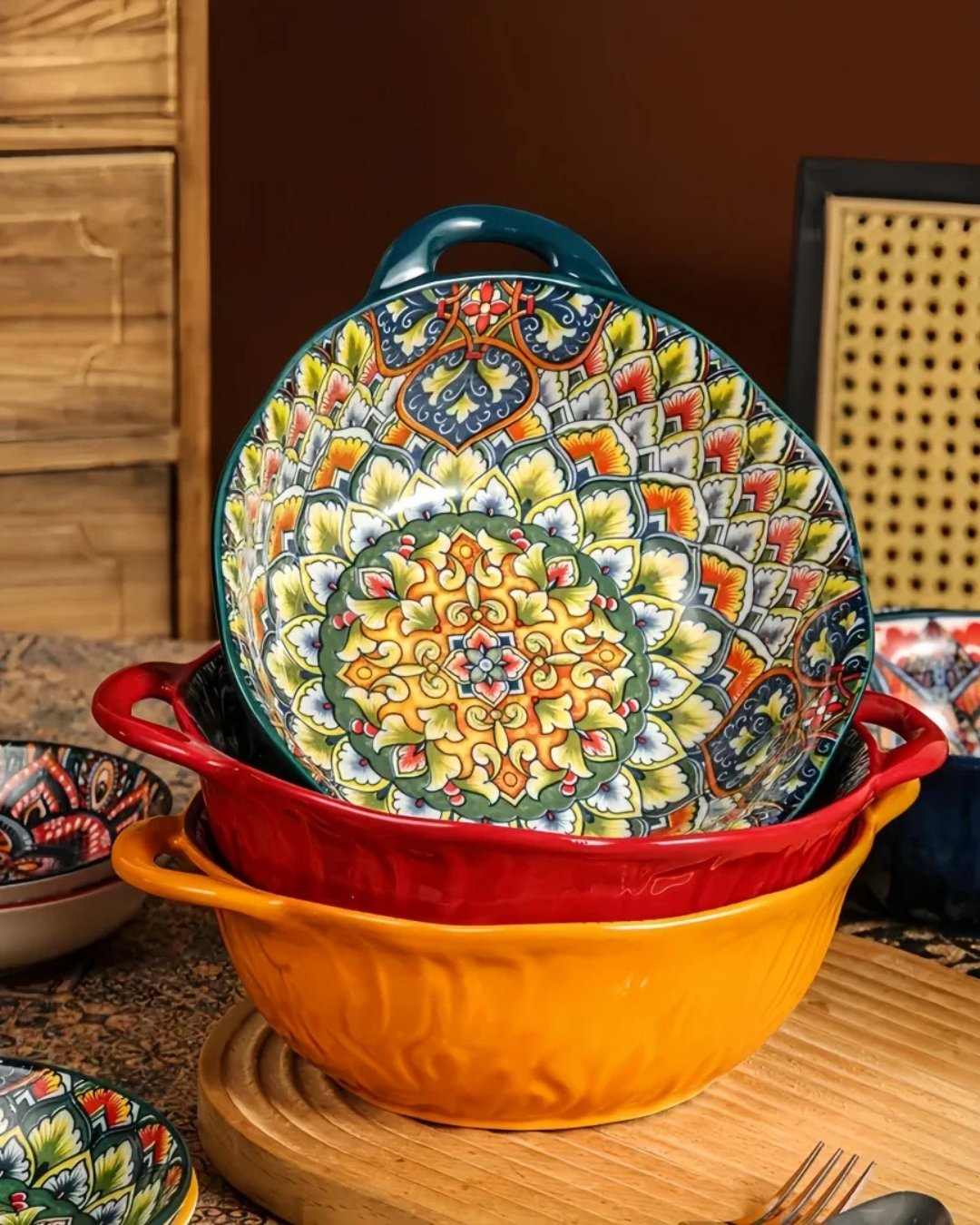 Tigela de Sopa de Cerâmica Boêmio com Alça Para Sopa Ramen e Saladas