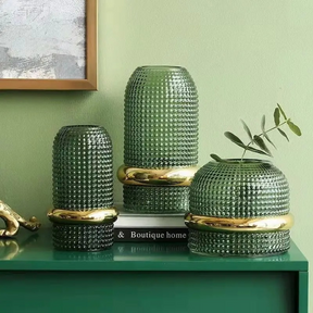 Vaso de Vidro Verde Escuro com Borda Dourada